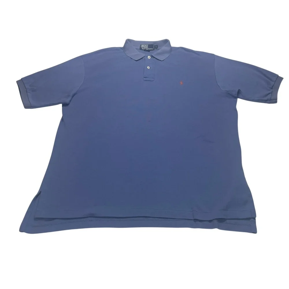 Polo Ralph Lauren Polo Shirt Large Blue Short Sleeve Cotton Mesh Orange Pony